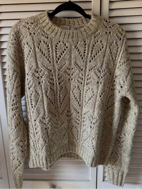 LOFT Cream Metallic Openwork Crewneck Sweater